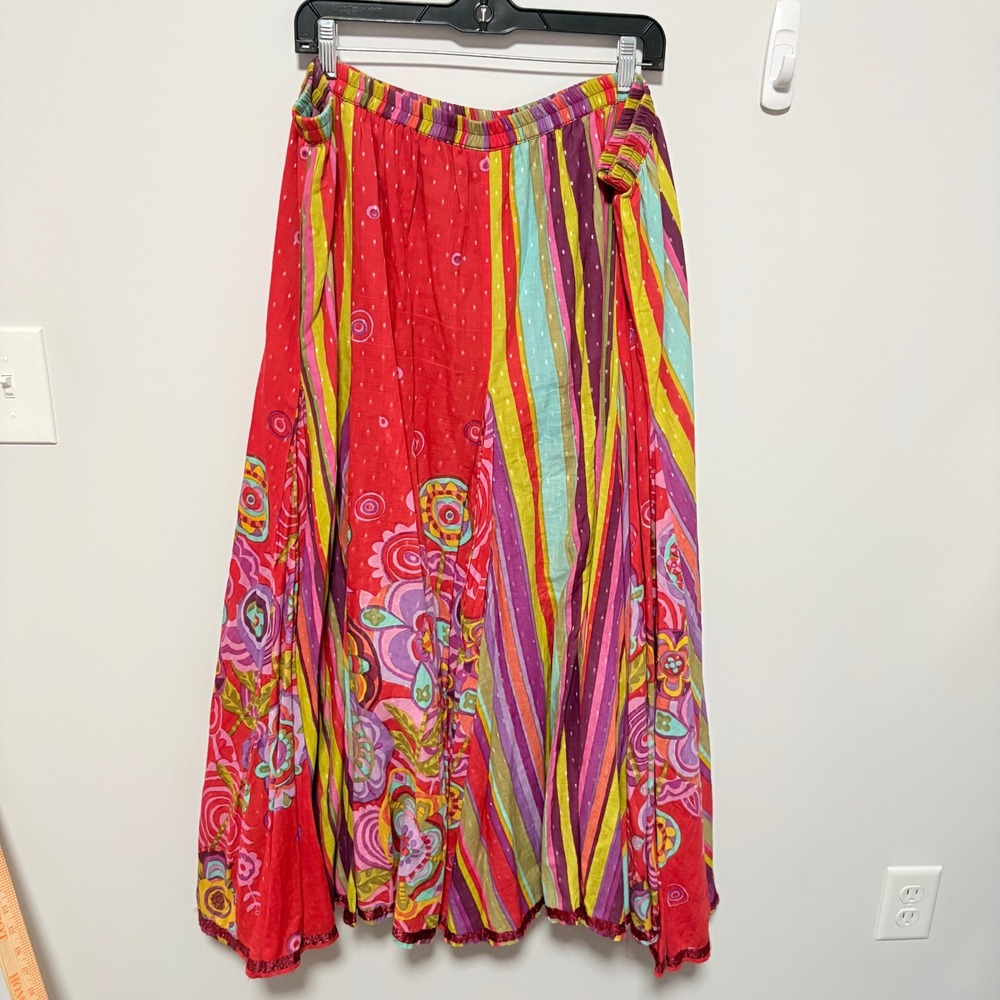 Soft Surroundings Boho Maxi Skirt Womens Red Size 3X Floral Striped Cotton Blend